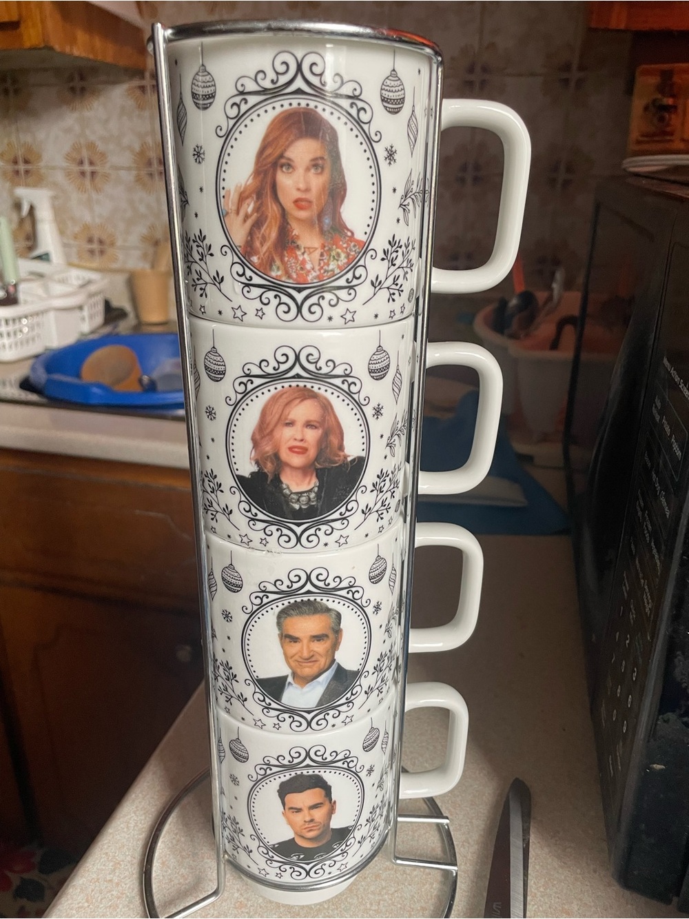 Schitts Creek Stackable 4-piece White Ceramic Mug Set with Portrait Motif